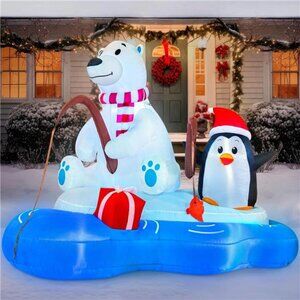 New 6 FT Long Christmas Inflatable Polar Bear Fishing with Penguin